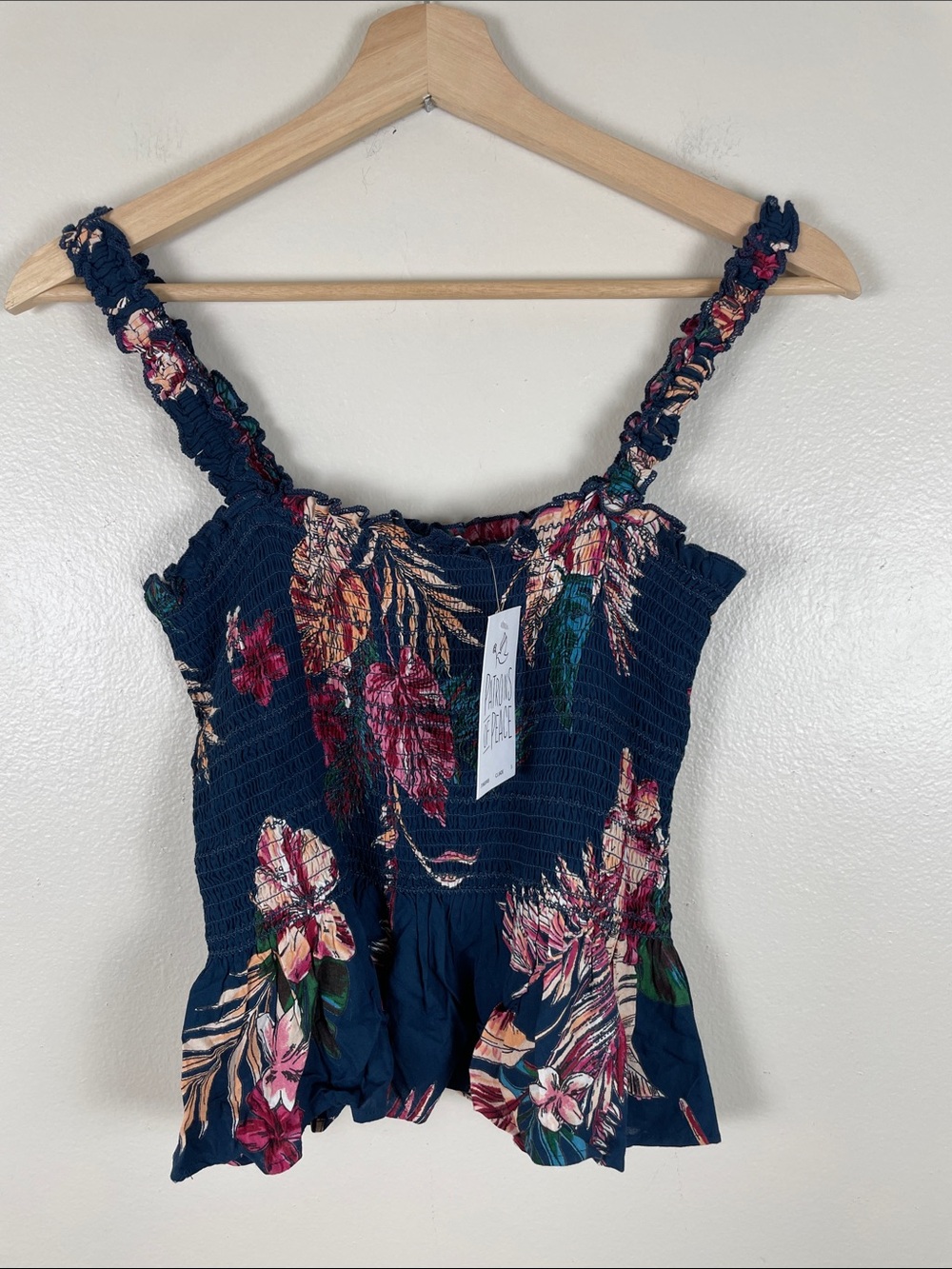 Patrons of Peace Navy Tropical Floral Smocked Tank. NEW Small